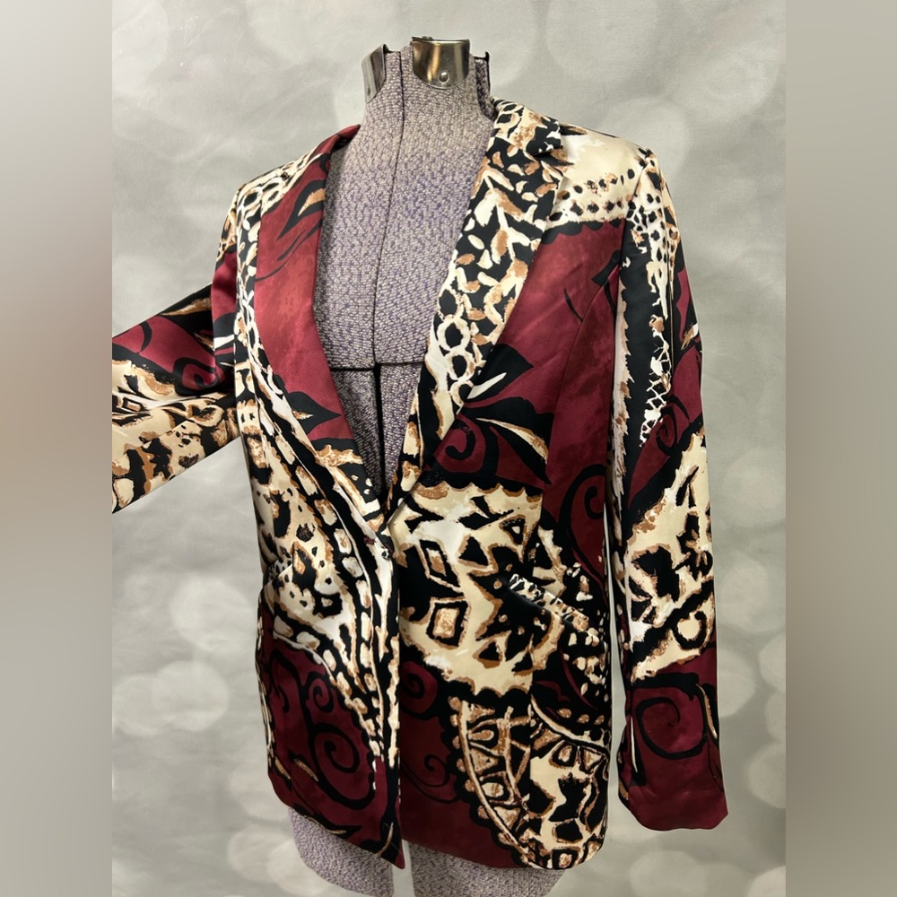 Chico's Burgundy Black Cream Patterned Blazer